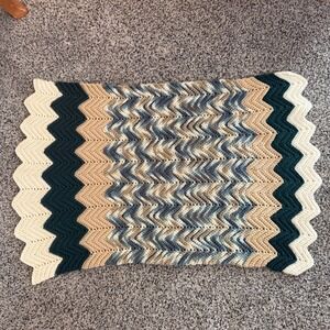 Handmade Crochet Chevron Ripple Baby Blanket Earthy Green Tan Blue 24x35